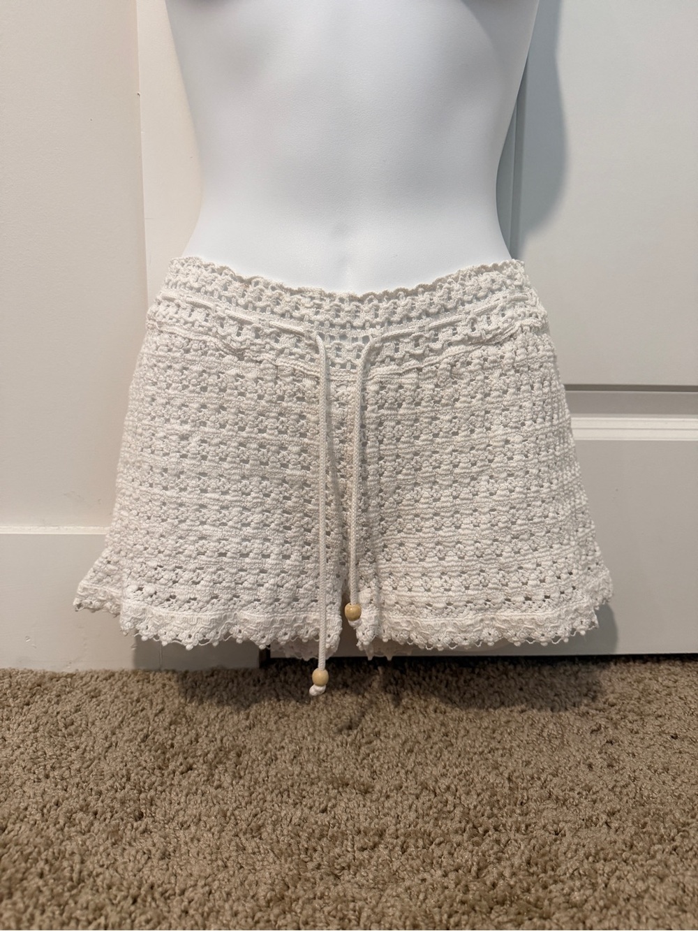 Crocheted Knit Drawstring Shorts - Cream